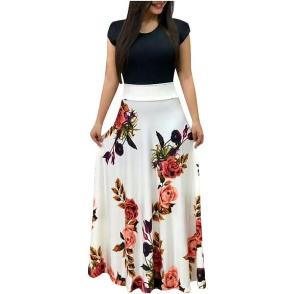 Pntutb Womens Plus Size Short Sleeve Floral Boho Printing Long Dress Ladies Casual Dress