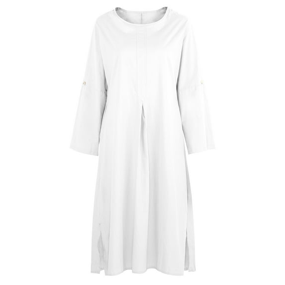 Pntutb Womens Plus Size Summer Casual Full Sleeve O-Neck Solid Linen Long Dress