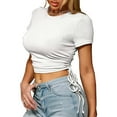 thumbnail image 1 of Pntutb Womens Plus Size Women Short Sleeve Round Neck Short Solid Color Drawstring Blouse Tops White XXL, 1 of 6