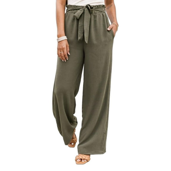 Pntutb Womens Plus Size Solid Color Linen Sashes Straight Casual Long Pants Trousers Green XXL