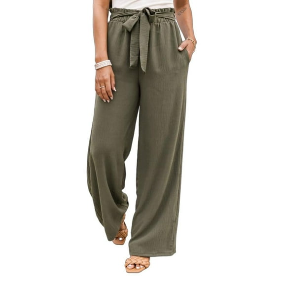 Pntutb Womens Plus Size Solid Color Linen Sashes Straight Casual Long Pants Trousers Green XXL