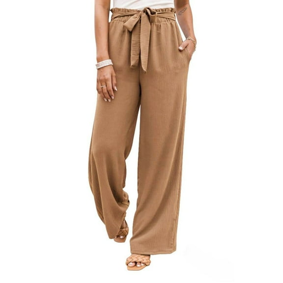 Pntutb Womens Plus Size Solid Color Linen Sashes Straight Casual Long Pants Trousers Khaki L