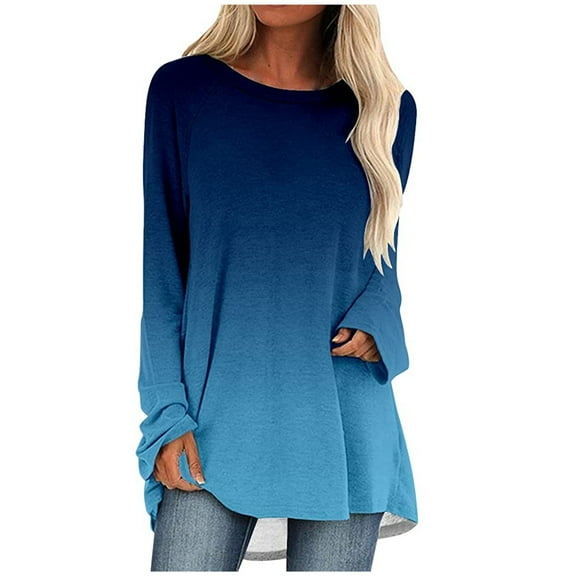 Pntutb Womens Plus Size Casual O-Neck Gradient Printed T-Shirt Loose Long Sleeve Tops Solid Blouse