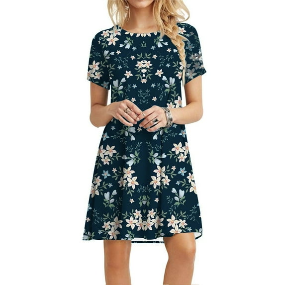 Pntutb Womens Plus Size,Women's Casual Plain Loose Short Sleeve Loose Dress Floral Print Sunflower Print Dress