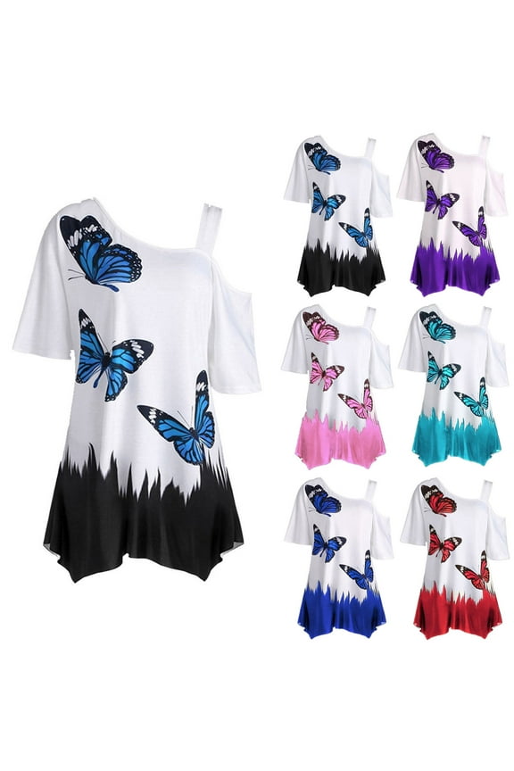 Pntutb Womens Plus Size,Women's Cold Shoulder Butterfly Print Short Sleeve Plus-Size Shirt Blouse Tops