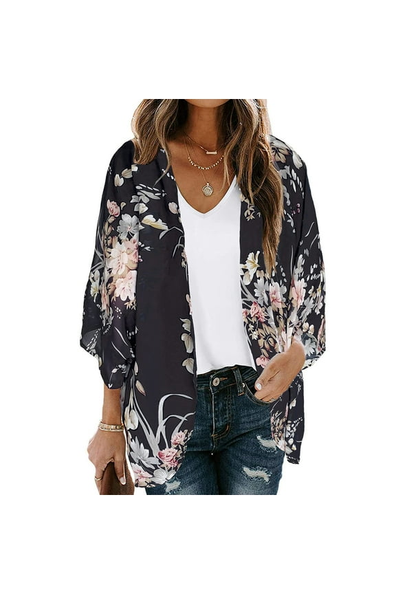Womens Plus Size Floral Print Puff Sleeve Kimono Cardigan Loose Chiffon Cover Up Casual Tops Clothes