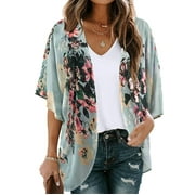 Pntutb Womens Plus Size Clearance,Women's Floral Print Puff Sleeve Kimono Cardigan Loose Chiffon Cover Up Casual Tops Rollback Clothes