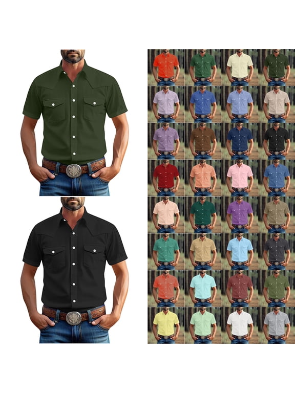 Mens Vintage Work Shirts,Big and Tall Solid Lapel Short Sleeve Button Down Western Shirt Summer Solid Pocket Blouse