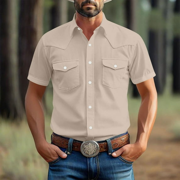 Otvok Mens Fashionable Vintage Solid Color Pocket Casual Short Sleeve Turndown Collar Shirt