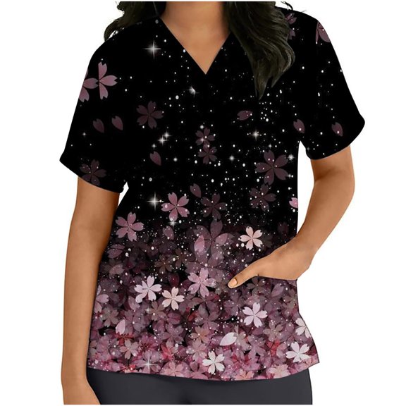 Pntutb Womens Plus Size Short Sleeve V-Neck Tops Uniform Printed Pockets Blouse Nursing