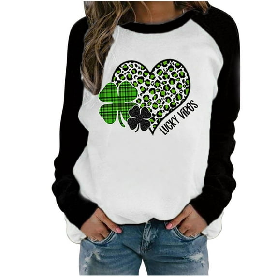 Pntutb Womens Plus Size Spring Patchwork St. Patrick's Day Printed Long Sleeve Round Neck Casual Tee Tops