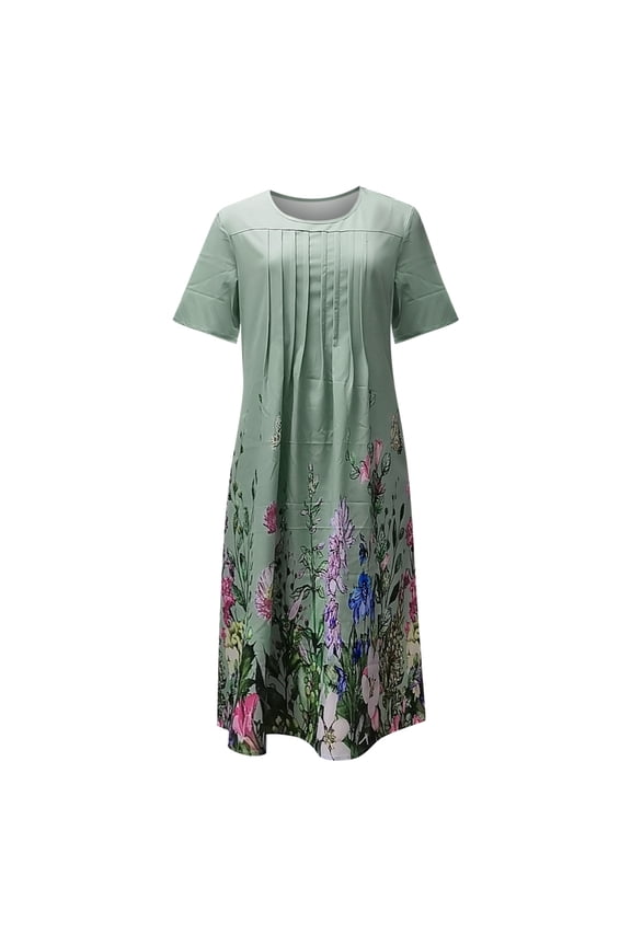 Pntutb Womens Plus Size Summer Casual Round Neck Short Sleeve Folding Floral Print Dresses