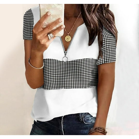 Pntutb Womens Plus Size,Women's Summer Print Casual Splicing V-Neck Short-Sleeve Zipper T-Shirt Tops