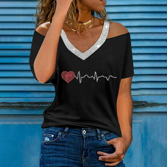 Pntutb Womens Plus Size Summer V-Neck Short Sleeve Cold Shoulder Blouse T-Shirt Causal Printing Tops Clothes