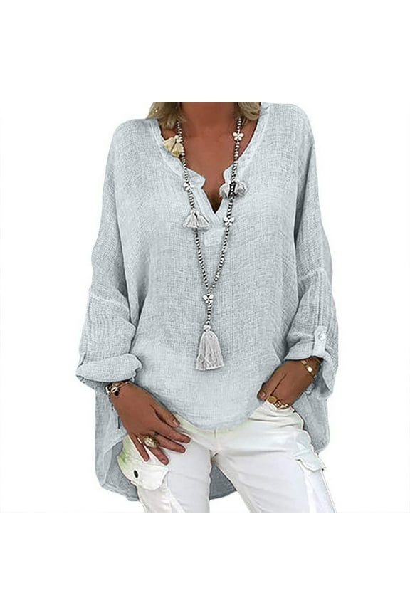 Pntutb Womens Plus Size Tops Casual Long Sleeve Solid Loose V-Neck Shirts Blouse