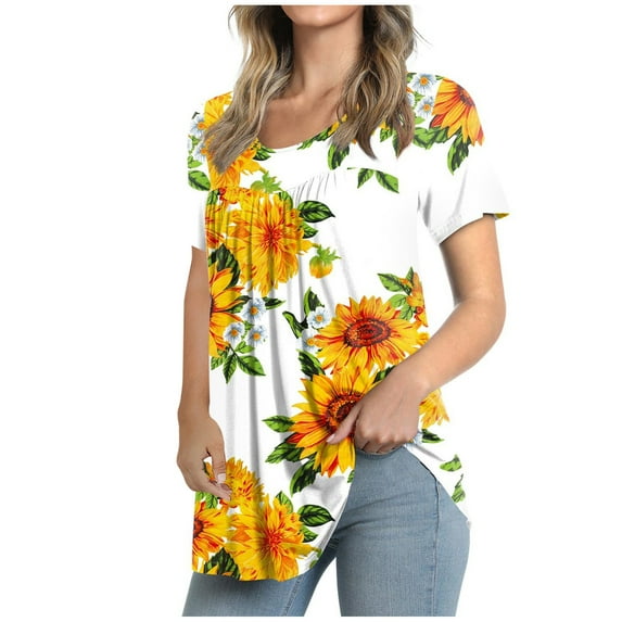 Pntutb Womens Plus Size Crew-Neck Short Sleeve Print Tops Hide Belly Tunic Shirts Dressy Casual Flowy Blouse Yellow M