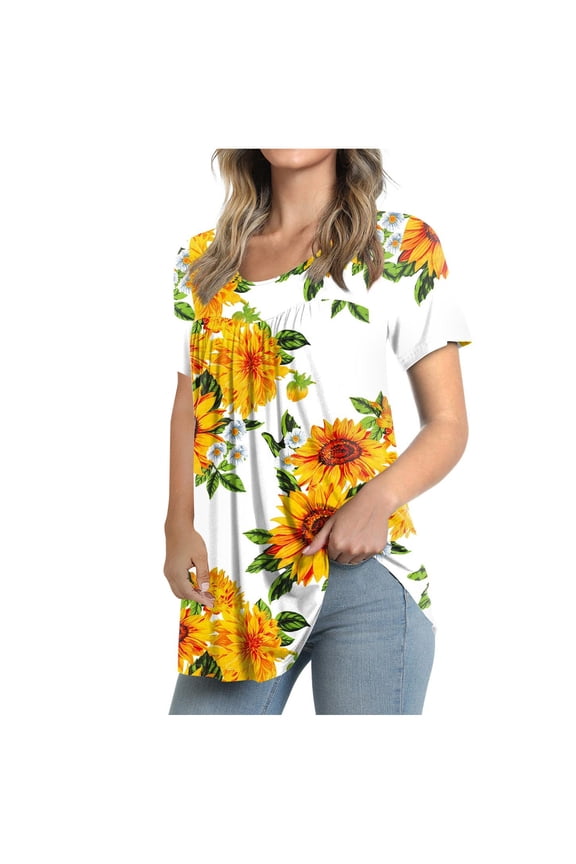 Pntutb Womens Plus Size Crew-Neck Short Sleeve Print Tops Hide Belly Tunic Shirts Dressy Casual Flowy Blouse Yellow M
