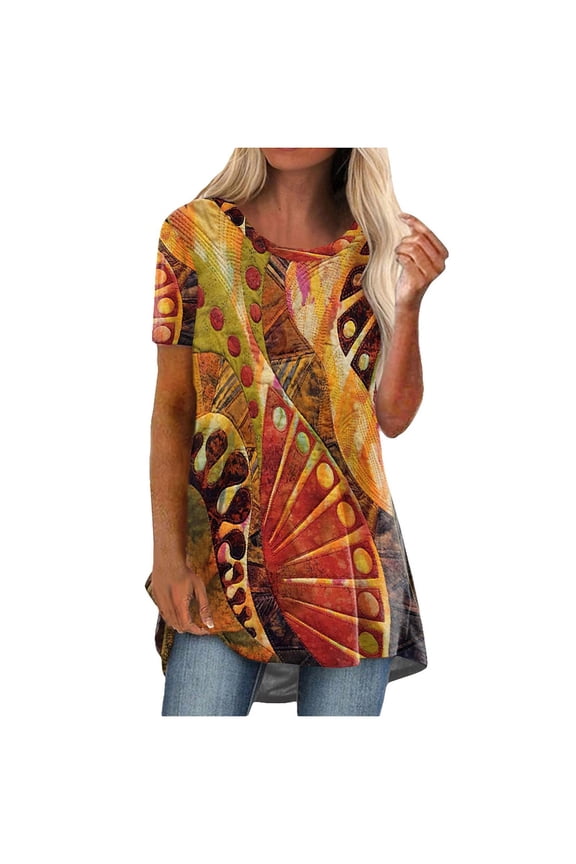 Pntutb Womens Plus Size Fashion Casual Round-Neck Ethnic Vintage Print Short Sleeve T-Shirt Top