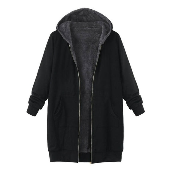 Pntutb Womens Plus Size Fashion Vintage Solid Fleece Hooded Zipper Long Sleeve Thick Coat Tops