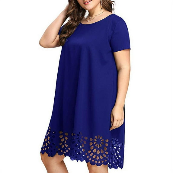 Pntutb Womens,Plus Size Fashion Women's Solid Short Sleeve O-Neck Hollow Out Casual Dress