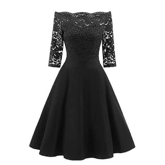 Pntutb Womens Plus Size New Vintage Lace Patchwork Off Shoulder Cocktail Party Retro Swing Dress