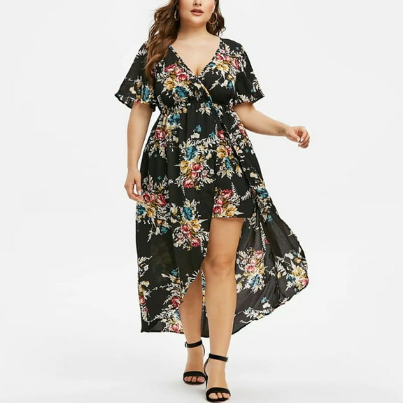 Pntutb Womens Plus Size Short Sleeve Floral Printed Bell Sleeve High Low Maxi Dress