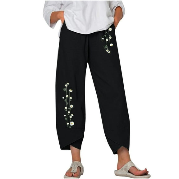 Pntutb Womens Plus Size Summer Casual Loose Cotton and Linen Pocket Printing Trousers Pants