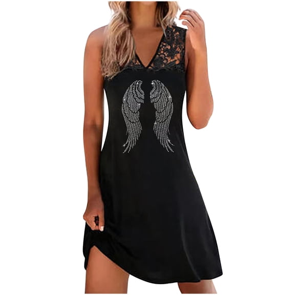 Pntutb Womens Plus Size Summer Printing Causal V-Neck Sleeveless Vacation Lace Mini Dress Clothes