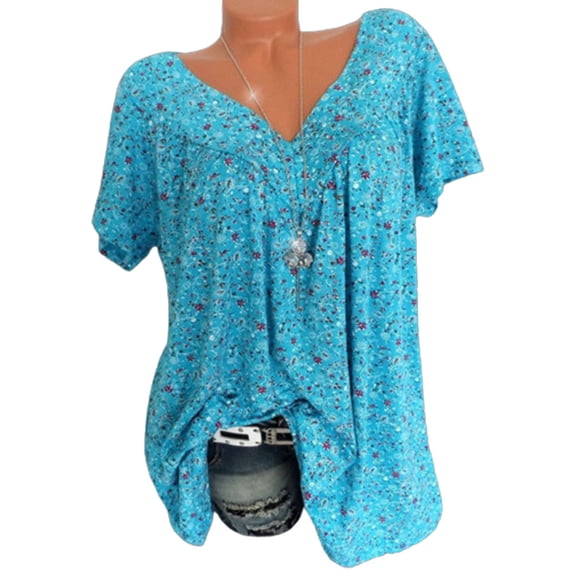 Pntutb Womens Plus Size Tops Short Sleeve V-Neck Print Blouse Pullover Shirts