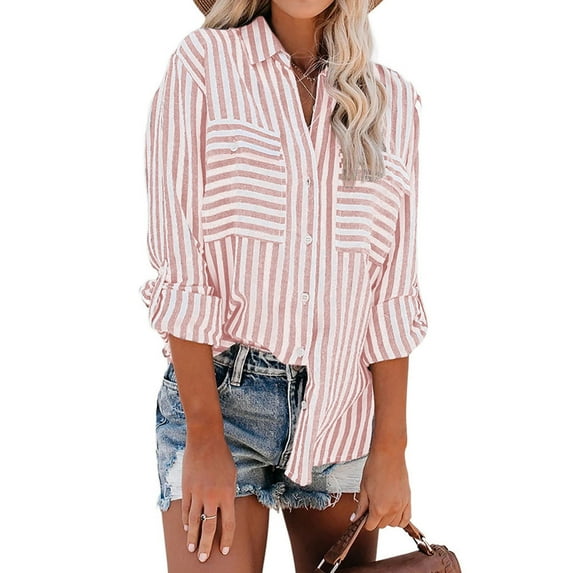 Patlollav Womens Shirts Striped Print Single Breasted Long Sleeve Cotton Linen Tops