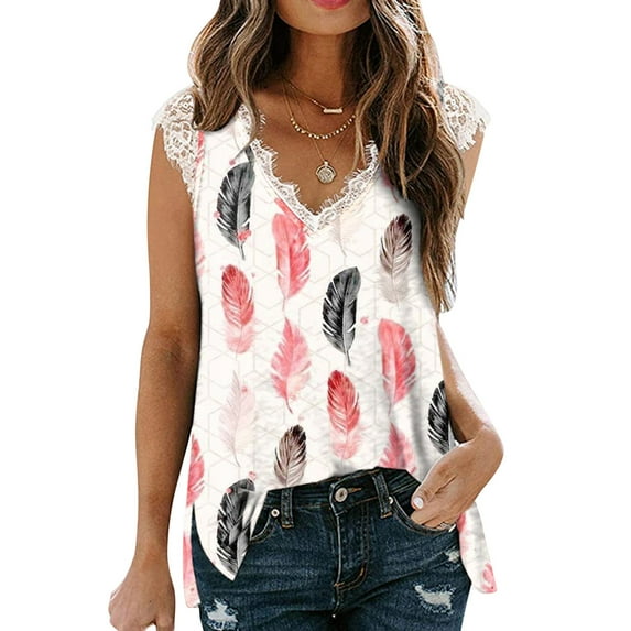 Pntutb Womens Plus Size V-Neck Sleeveless Lace Blouse T-Shirt Floral Printing Loose Tops