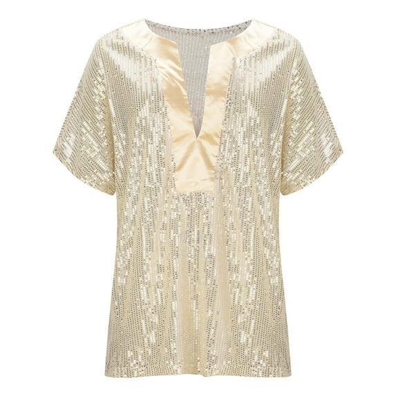 Pntutb Womens Plus Size Women Shirts Short Sleeve Sequins Loose Polluer Solid V-Neck Blouse Tops Gold L