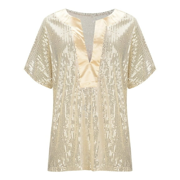 Pntutb Womens Plus Size Women Shirts Short Sleeve Sequins Loose Polluer Solid V-Neck Blouse Tops Gold XL