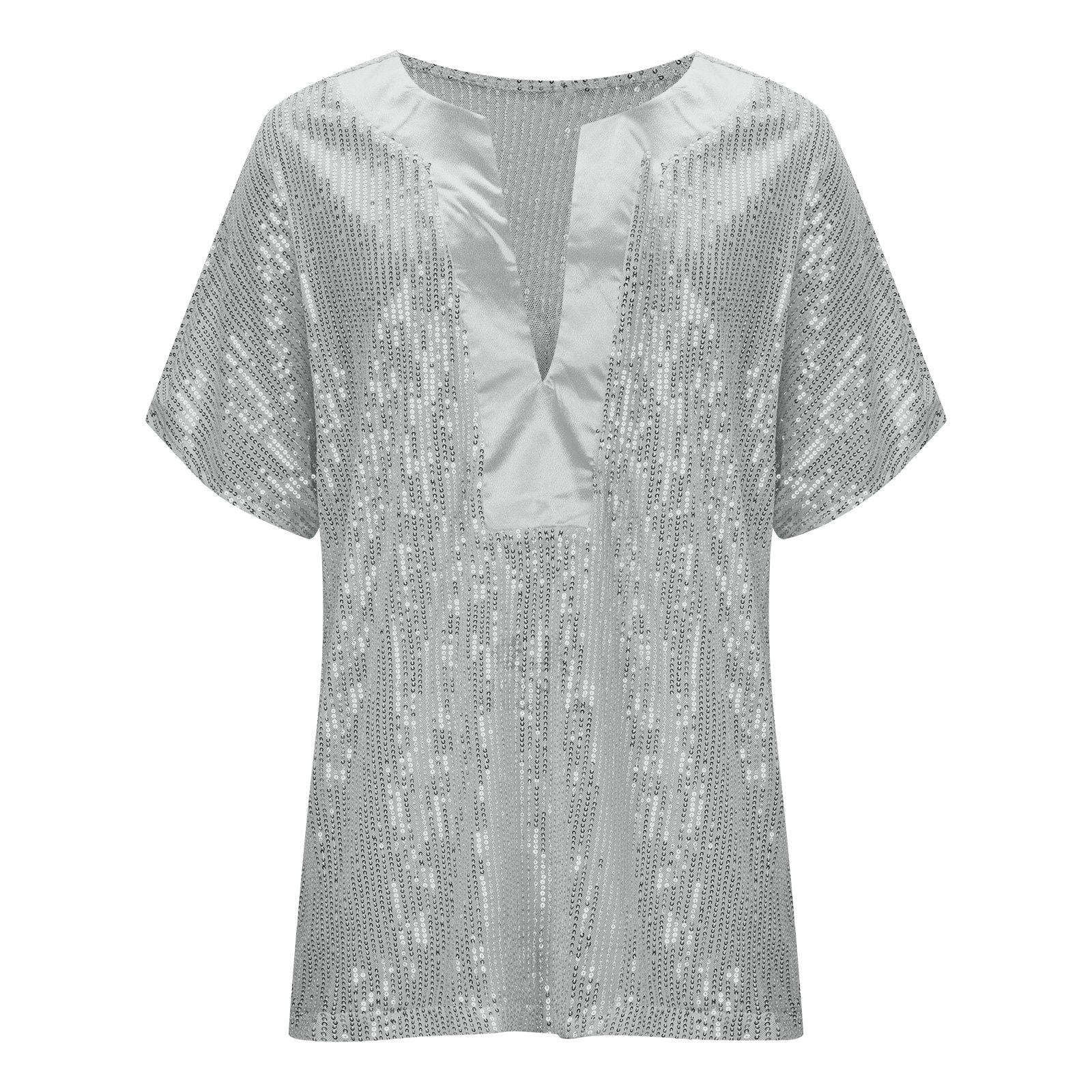 Pntutb Womens Plus Size Women Shirts Short Sleeve Sequins Loose Polluer Solid V Neck Blouse Tops Silver S Women s Size Small