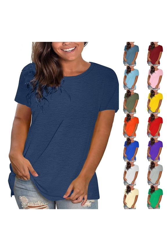 Tops for Women, Women's Fashion Round Neck Solid Loose Short Sleeve T-shirt Pullover Tops(No Pockets)
