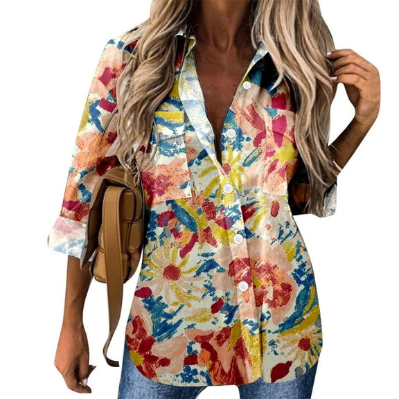 Pntutb Womens,Shirt Women's Long Sleeve Blouse Blouse Print Tops Bussiness Casual Lapel Tops Red S