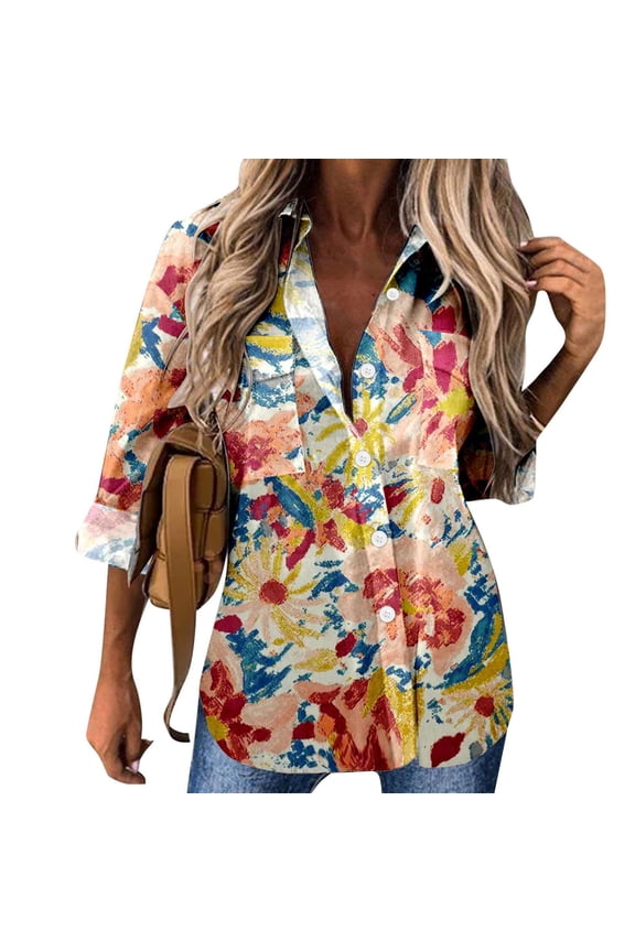 Pntutb Womens,Shirt Women's Long Sleeve Blouse Blouse Print Tops Bussiness Casual Lapel Tops Red S