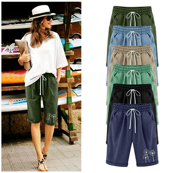 Pntutb Womens Shorts,Women's Plus Size Summer Print Five Points Cotton Linen Pants Casual Shorts