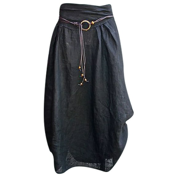 Pntutb Womens Skirt,Women's Cotton Linen Skirts Fashion Casual Solid Loose Sashes Mid-Calf Skirt