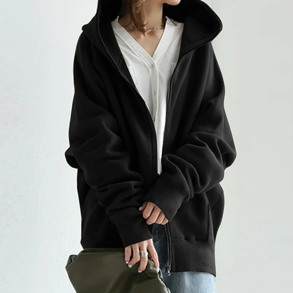 Pntutb Womens Solid Color Hoodie Zipper Sweatshirts Long Coat Tops with Pockets