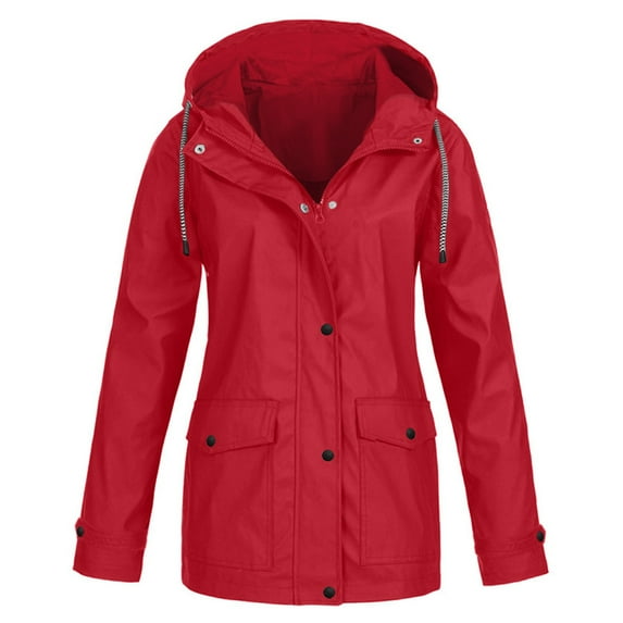 Womens Solid Rain Jacket Outdoor Plus Size Waterproof Hooded Raincoat Windproof