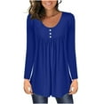 thumbnail image 1 of Pntutb Womens Clearance Solid Round Neck Button Pleated Pullover Long Sleeve Top Blouse Blue L, 1 of 5