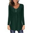 thumbnail image 1 of Pntutb Womens Solid Round Neck Button Pleated Pullover Long Sleeve Top Blouse Green S, 1 of 5