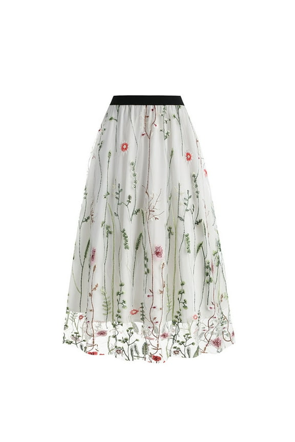 Pntutb Womens Spring Summer Skirts New Retro Slim Mesh Embroidery Half-Body Skirt
