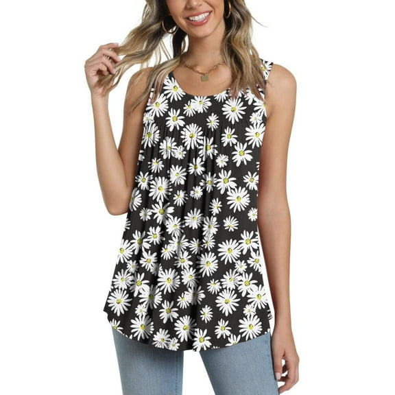 Pntutb Womens Summer Casual Sleeveless Blouse Crewneck Tops Floral Printed T-Shirt Vest for Ladies