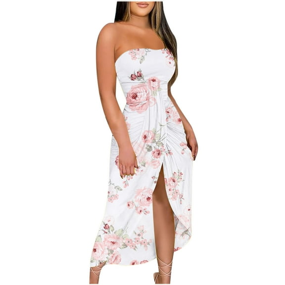 Pntutb Womens Summer Print Strapless Long Dress Beach Split Dress Party Club Dress