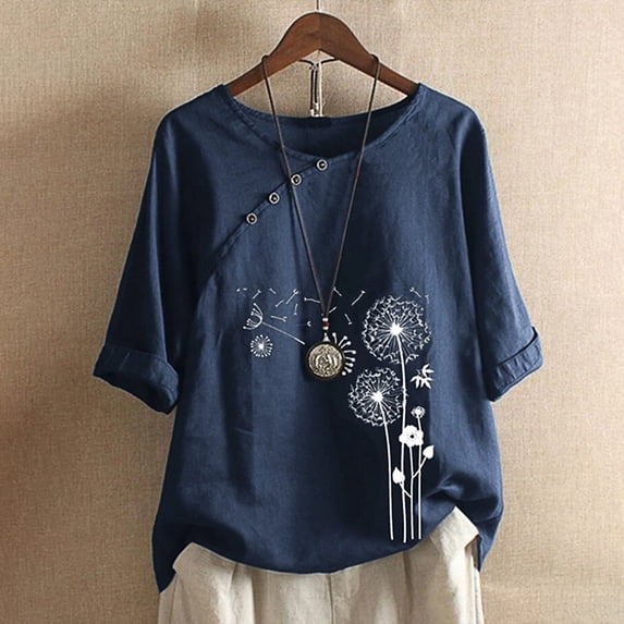 Pntutb Womens Summer Round O-Neck Short Sleeve Flower Print Loose Shirt Tops
