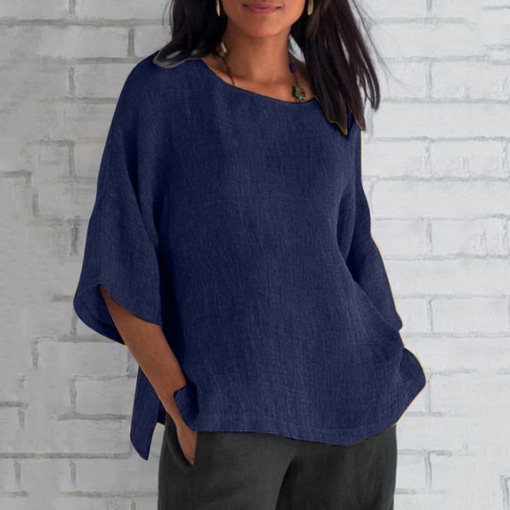 Pntutb Womens Clearance Summer Shirt Fashion Cropped Sleeve Round Neck Cotton Line Loose Blouse Navy XXXXXL