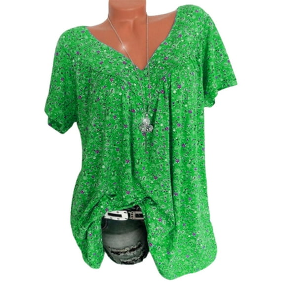 Pntutb Womens Summer Shirts,Women's Plus Size Short Sleeve V-Neck Print Blouse Pullover Tops