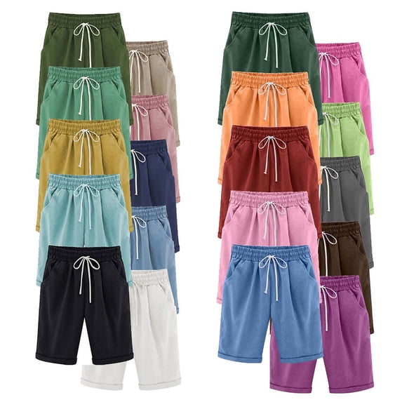 Otvok Shorts for Women Elastic Waist Knee Length Casual Cotton Bermuda Shorts with Drawstring